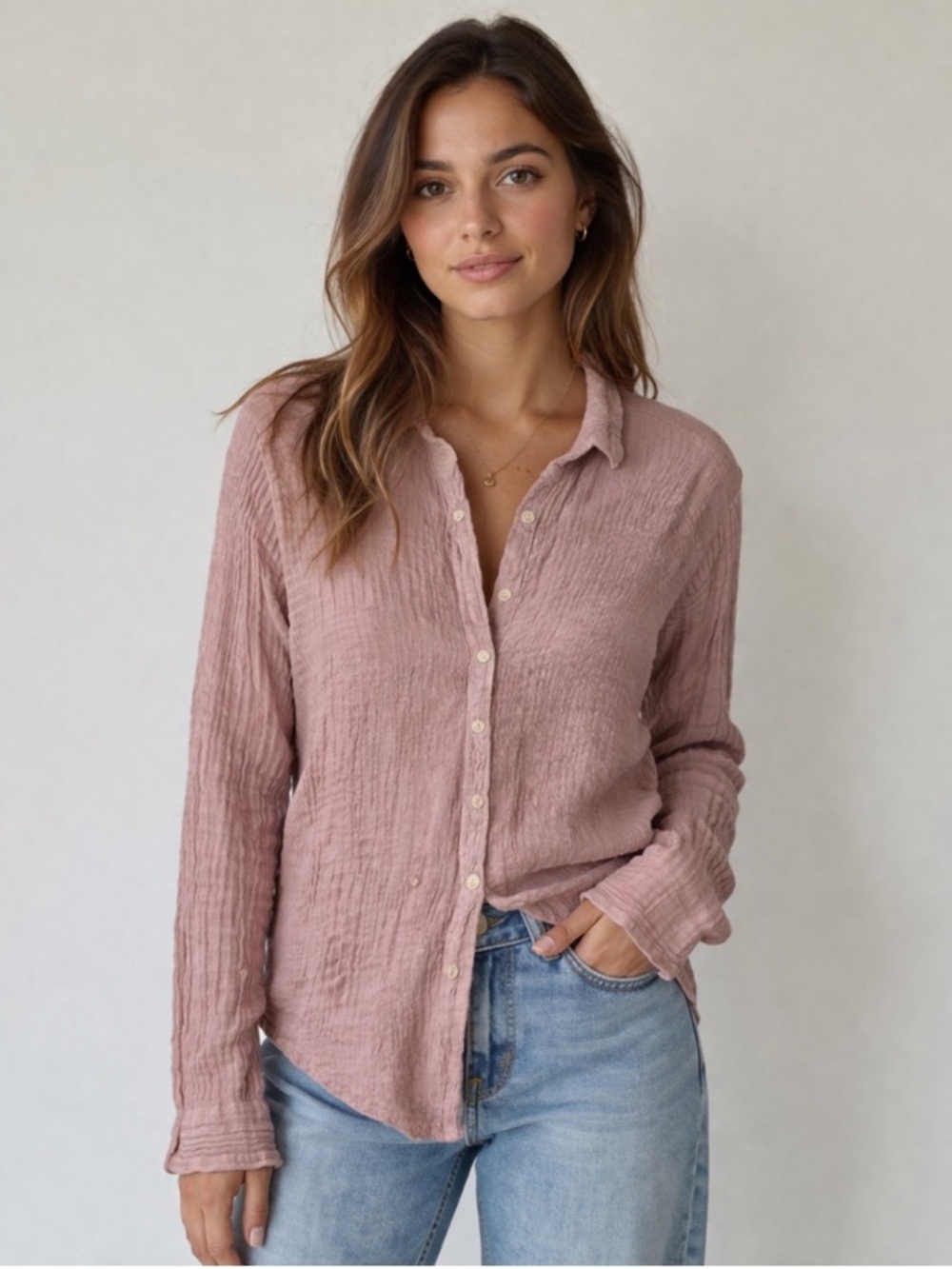 CP Shades 100% Linen Gauze Button Front Shirt Blush Pink Size Small Made in USA